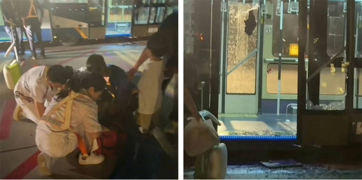 Một phụ nữ ngất xỉu (trái), kính xe buýt sân bay bị hành khách đập vỡ tan tành để có không khí thở (phải).