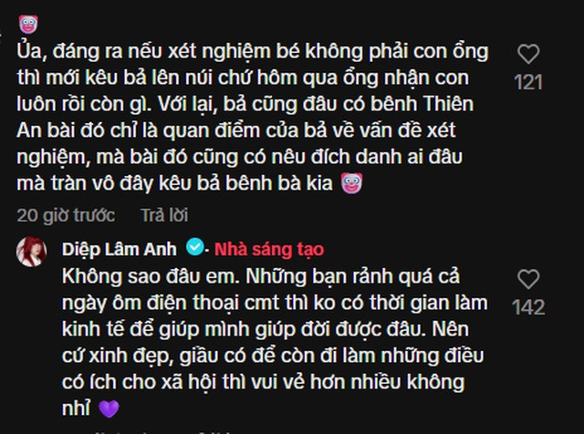 Bị dân mạng dội bom vì ngầm bênh vực Thiên An Diệp Lâm Anh đáp trả