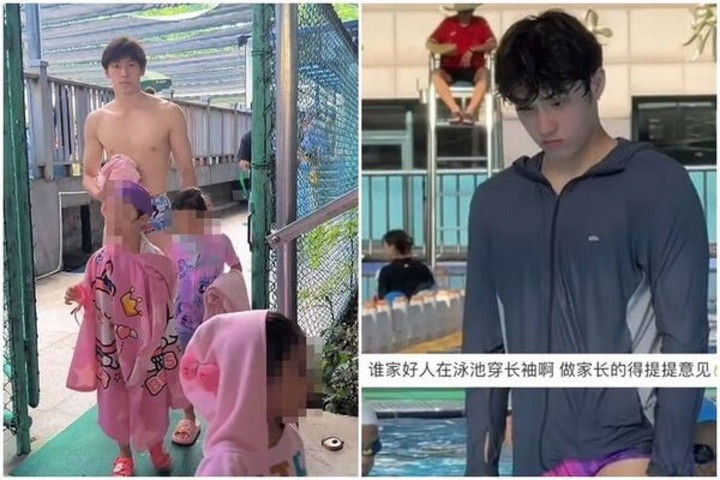 Trần thường mặc quần bơi nhiều màu sắc kết hợp với áo dài tay. (Ảnh: Weibo)