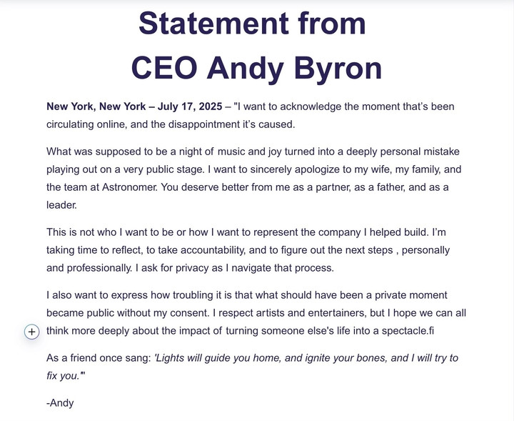 Bức thư được cho là lời xin lỗi từ Andy Byron đang được chia sẻ trên mạng xã hội.