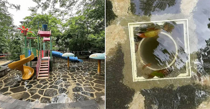 Bể bơi khách sạn nơi bé gái gặp nạn khi chân trái bị hút vào ống cống (hình bên phải).