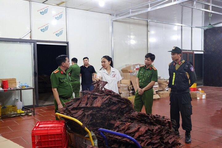 Cơ quan công an phát hiện 3 kho đông lạnh chứa 30 tấn thịt trâu, thịt lợn tươi và 1 tấn lạp xưởng tươi; cùng một kho bảo quản thành phẩm chứa 3 tấn thịt trâu sấy khô và 3,4 tấn thịt lợn sấy khô đã đóng gói thành phẩm. Tại thời điểm kiểm tra, cơ sở chưa xuất trình được giấy tờ chứng minh nguồn gốc, xuất xứ của các loại thực phẩm trên.
