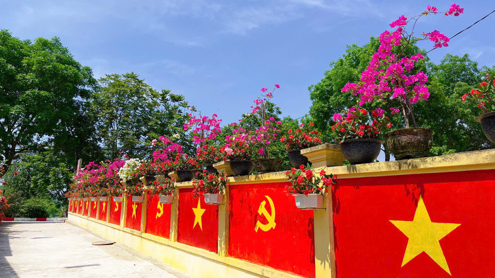 Con đường bừng sáng với hình cờ Đảng, cờ Tổ quốc và những chậu hoa rực rỡ.