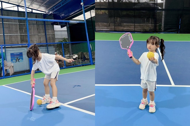 2 ái nữ 5 tuổi nhà Đông Nhi  Hồ Ngọc Hà đọ chân dài dáng dấp như người mẫu trên sân pickleball