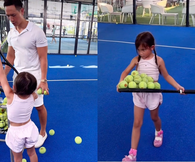 2 ái nữ 5 tuổi nhà Đông Nhi  Hồ Ngọc Hà đọ chân dài dáng dấp như người mẫu trên sân pickleball