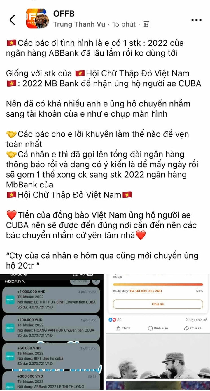 Mạng xã hội lan truyền thông tin chuyển nhầm tiền ủng hộ.