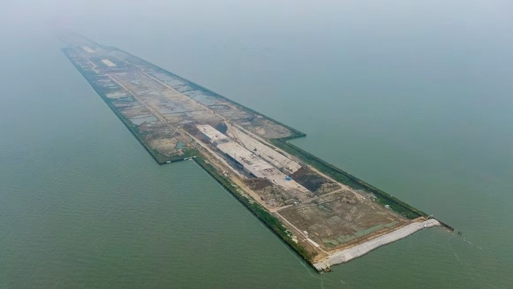 Ảnh chụp từ trên cao vào ngày 5/9/2021 của đoạn Nam Tuyền thuộc đường hầm Thái Hồ ở tỉnh Giang Tô, miền đông Trung Quốc. (Ảnh: Tân Hoa xã)