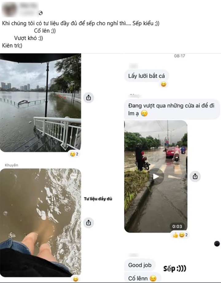 Nhân viên gửi ảnh đang lội trong đường ngập hy vọng được nghỉ làm, sếp khen ngợi và động viên