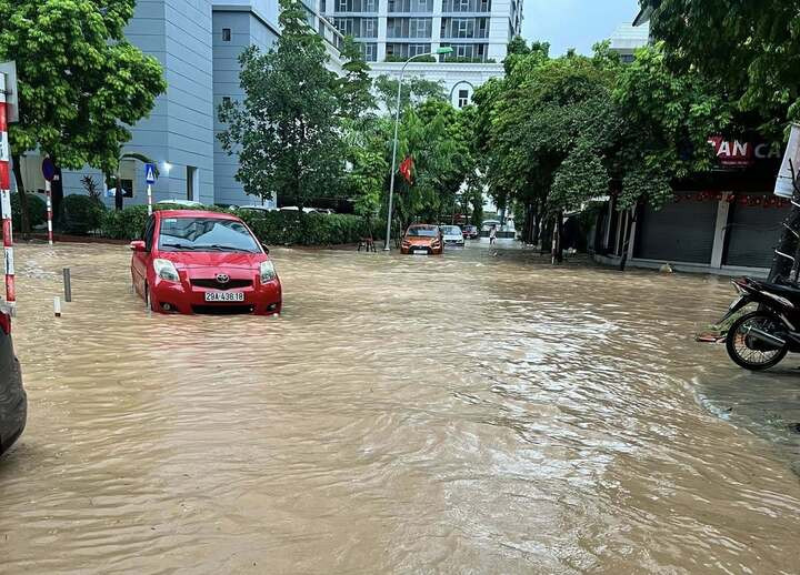 Nước ngập nửa bánh xe ô tô.