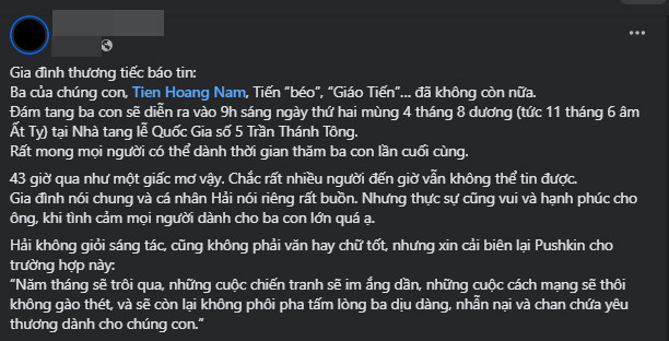 Con trai ông Hoàng Nam Tiến chia sẻ xúc động sau khi bố qua đời đột ngột