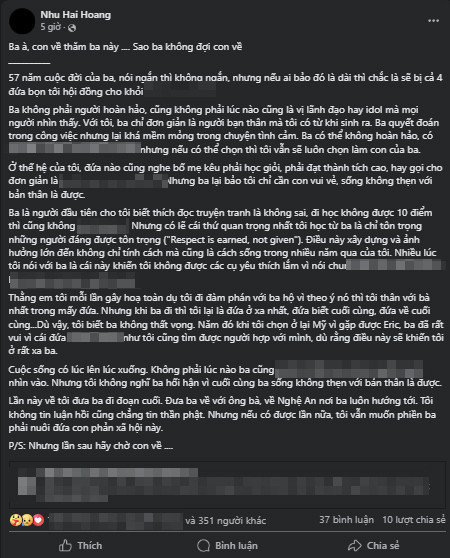 Con trai ông Hoàng Nam Tiến chia sẻ xúc động sau khi bố qua đời đột ngột