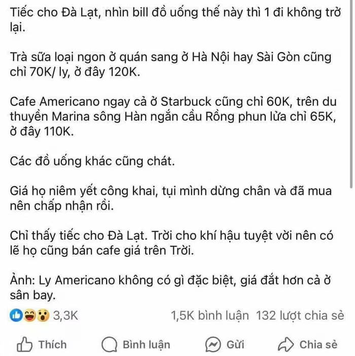 Gần 900.000 đồng cho 8 ly nước ở quán cà phê tại Đà Lạt, du khách