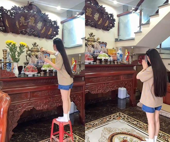 Chu Thanh Huyền bị chỉ trích nặng nề vì trang phục chưa phù hợp khi đứng trước bàn thờ