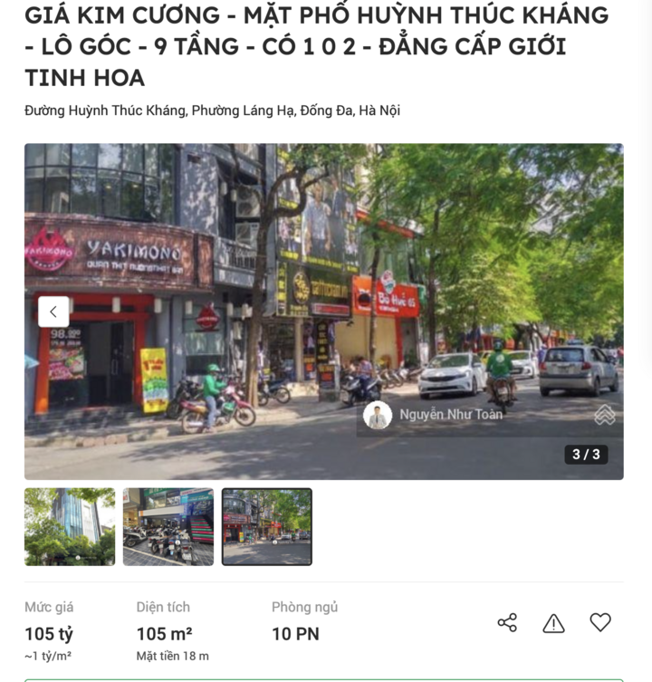 Một căn nhà trên phố Huỳnh Thúc Kháng được rao bán với giá 1 tỷ đồng/m². (Ảnh chụp màn hình).
