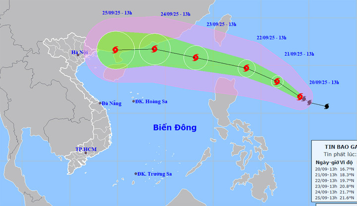 Bản đồ dự báo đường đi, khu vực ảnh hưởng của bão Ragasa. (Nguồn: NCHMF)
