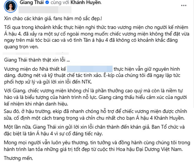 Làm biến dạng vương miện của Á hậu kế nhiệm ngay trên sóng mỹ nhân Vbiz đăng đàn xin lỗi