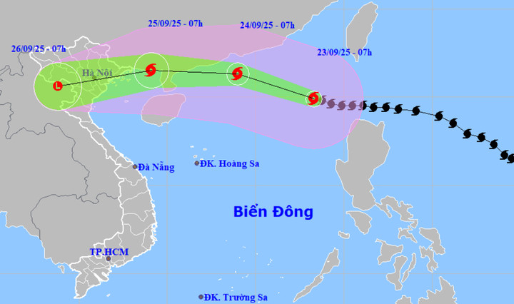 Dự báo sáng 25/9, bão Ragasa đổ bộ đất liền các tỉnh từ Quảng Ninh tới Nghệ An. (Ảnh: NCHMF)