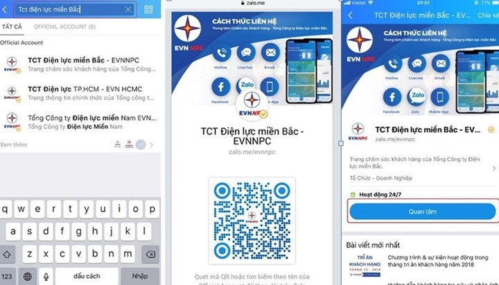 Dịch vụ điện trên Zalo của Tổng công ty Điện lực miền Bắc. (Ảnh: EVNNPC)