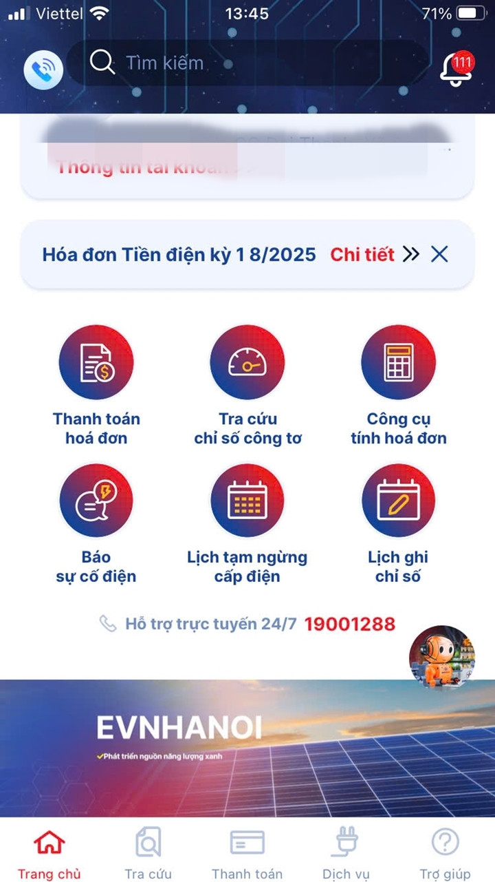 Các tính năng tra cứu hóa đơn tiền điện trong ứng dụng EVNHANOI CSKH. (Ảnh chụp màn hình)