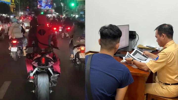 Phòng CSGT Công an TP.HCM xử phạt người mặc trang phục Deadpool điều khiển mô tô phân khối lớn không đội mũ bảo hiểm, che biển số và không có giấy phép lái xe.