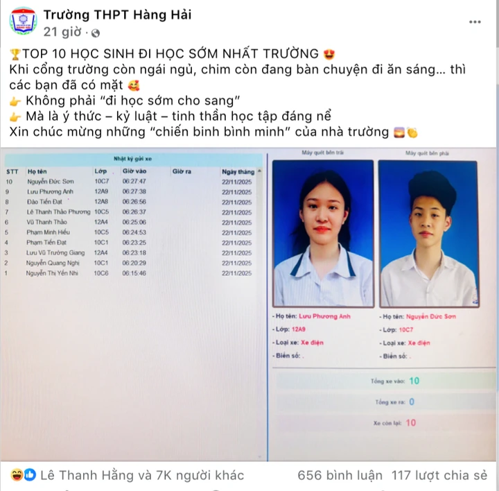 Top 10 học sinh đi sớm nhất trường THPT Hàng Hải được khen, hôm 13/1. (Ảnh: Fanpage nhà trường)