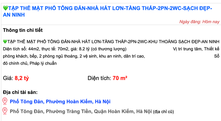 Một căn nhà khác cũng được rao bán gần 200 triệu đồng/m². (Ảnh chụp màn hình).