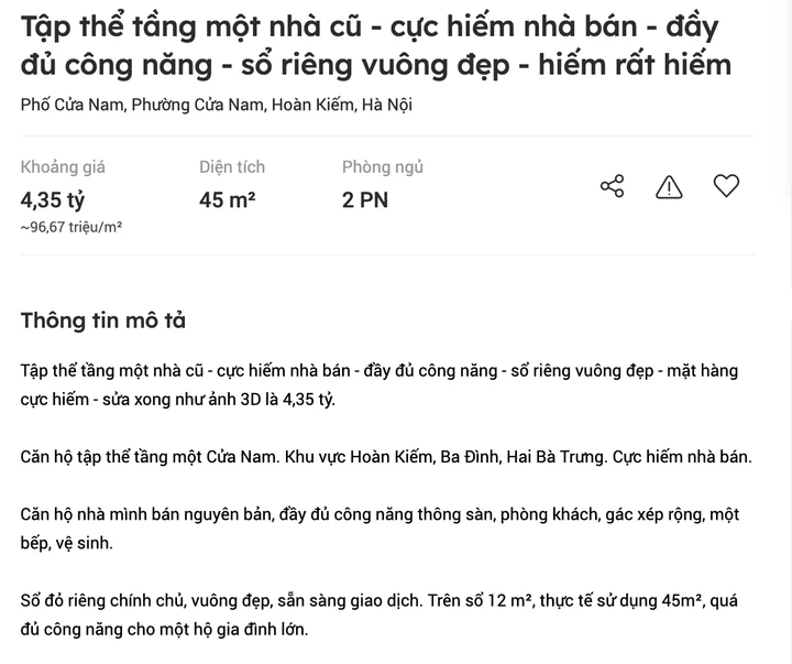 Nhà tập thể cũ được rao bán với giá hơn 350 triệu đồng/m². (Ảnh chụp màn hình).