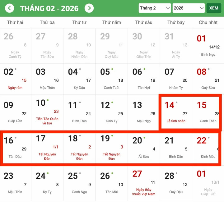 Chi tiết lịch nghỉ Tết Nguyên đán Bính Ngọ 2026.