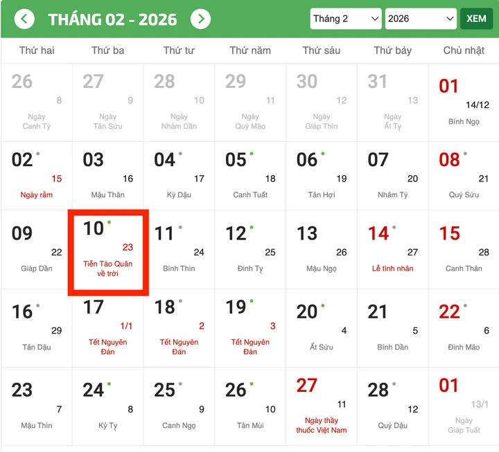 Tết ông Công ông Táo năm 2026 rơi vào Thứ Ba, ngày 10/2/2026 Dương lịch. (Ảnh: Chụp màn hình)