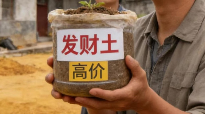‘Cơn cuồng hot girl mổ lợn Tết’ và biến tướng mua bán ‘đất may mắn’ ở Trung Quốc插图2 Một người đàn ông giơ cao một thùng chứa loại đất được gọi là