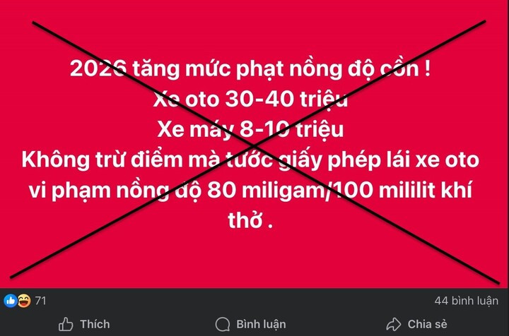 Thông tin thất thiệt về mức phạt vi phạm nồng độ cồn lan truyền trên mạng xã hội.