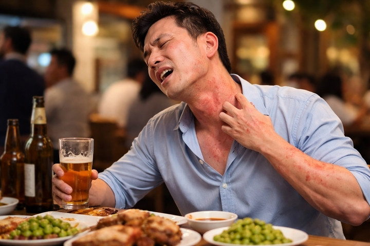 Nhiều người cho rằng đỏ mặt, ngứa ngáy sau uống rượu bia chỉ là “không hợp”. (Ảnh minh hoạ do AI tạo)