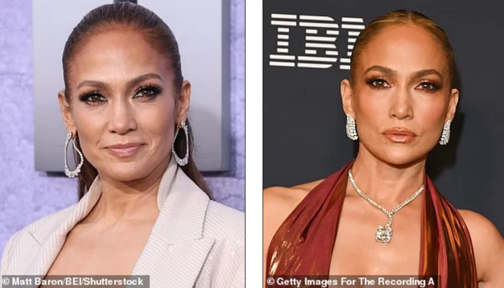 Theo chuyên gia trang điểm của chúng tôi, quá nhiều kem che khuyết điểm có thể đọng lại vào các nếp nhăn nhỏ dưới mắt. Jennifer Lopez tại buổi ra mắt phim The Mother năm 2023 (ảnh trái), nữ ca sĩ tại buổi dạ tiệc tiền Grammy năm 2025 (ảnh phải).