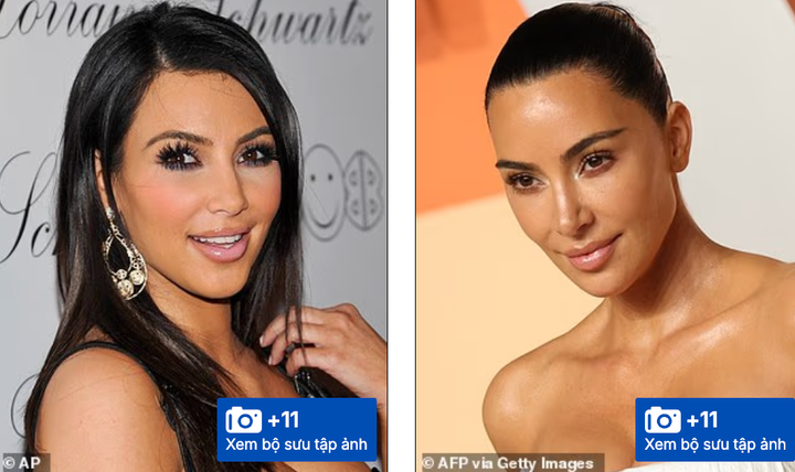 Kim Kardashian rất thích dùng kem nền lì trong những năm 2010 (ảnh trái), cô diện phong cách trang điểm tươi tắn hơn vào năm 2025 (ảnh phải).