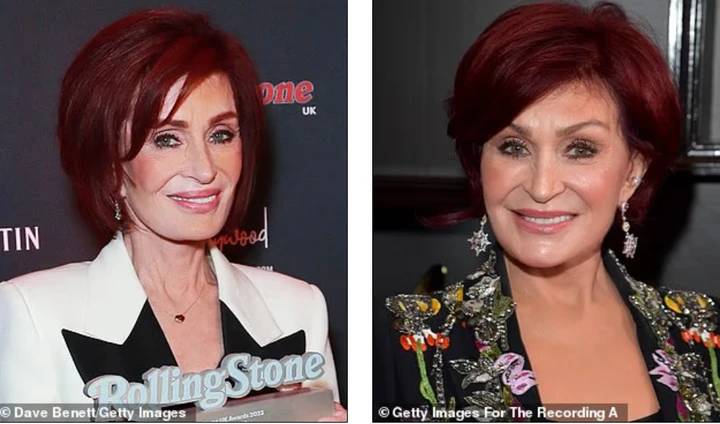 Ảnh trái là Sharon Osbourne với đường nét tạo khối rõ ràng hơn vào năm 2023 và hình ảnh phải là vẻ ngoài mềm mại hơn gần đây.