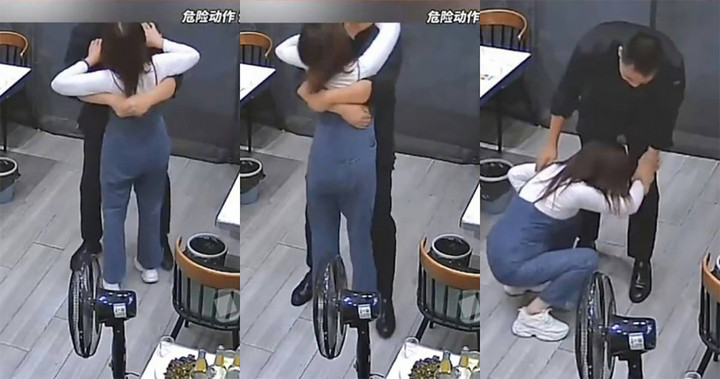 Người vợ gục xuống đau đớn sau cái ôm của chồng.