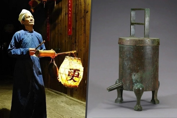 Người canh đêm Trung Quốc cổ đại dùng dụng cụ bình chứa nước để tính giờ.