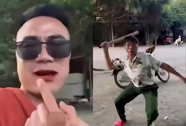 Anh Thắng (trái) và ông Hưng trong đoạn clip ghi lại vụ việc trước nhà hàng Cường Dê.