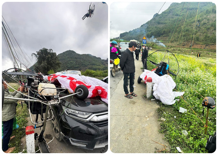 Hiện trường vụ rơi dù lượn trúng ô tô tại xã Quản Bạ, tỉnh Tuyên Quang ngày 21/2. (Ảnh: Facebook)
