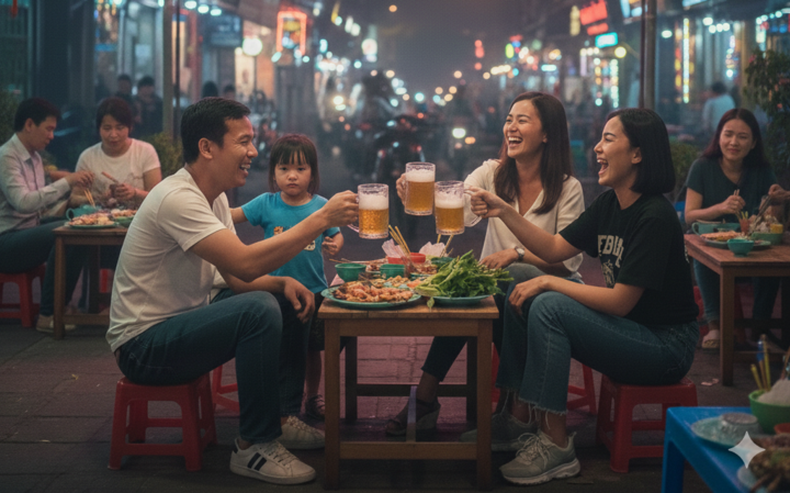 Không ít bậc phụ huynh đem con đi nhậu cùng. (Ảnh minh họa: AI)