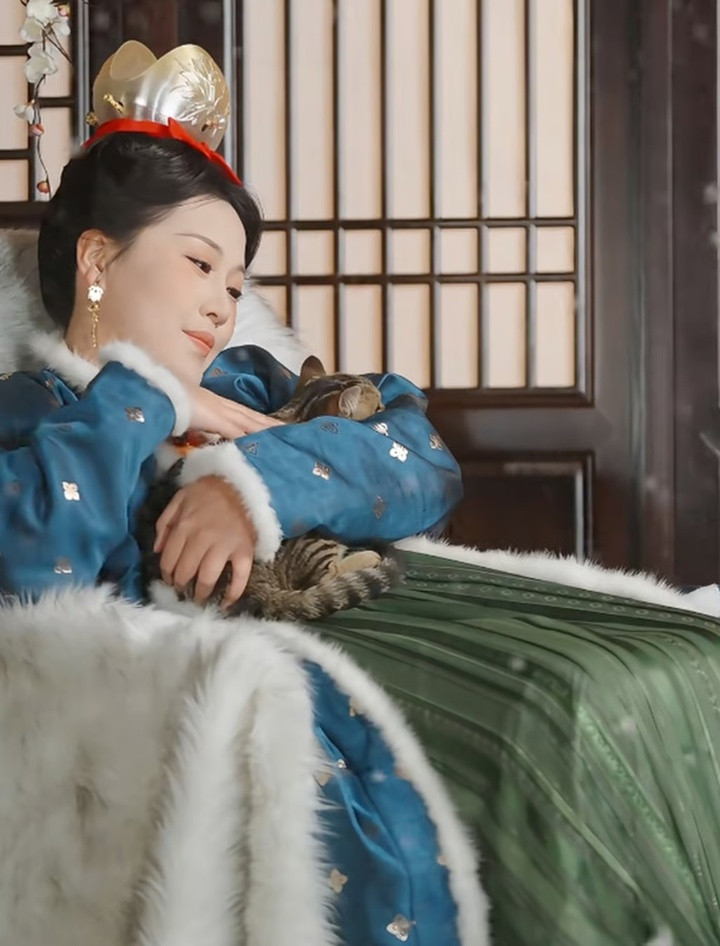 Một khung cảnh được tái hiện cho thấy rằng nhiều thế kỷ trước, mèo được trân trọng đến mức ngay cả hoàng gia cũng thường ôm và vuốt ve chúng. (Ảnh: RedNote)