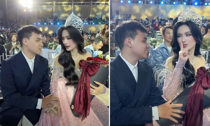 Tại đêm chung kết Miss World Vietnam 2025, Anh Kiệt xuất hiện, ôm bó hoa to dành tặng cho bạn gái. Không né tránh hay giữ khoảng cách, cả hai thoải mái trò chuyện và có những cử chỉ thân mật ngay giữa không gian sự kiện đông người.