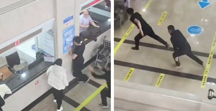 Người đàn ông la hét, lao vào tường đập đầu vì không chịu nổi việc vợ được bác sỹ nam khám thai. (Ảnh cắt từ clip)