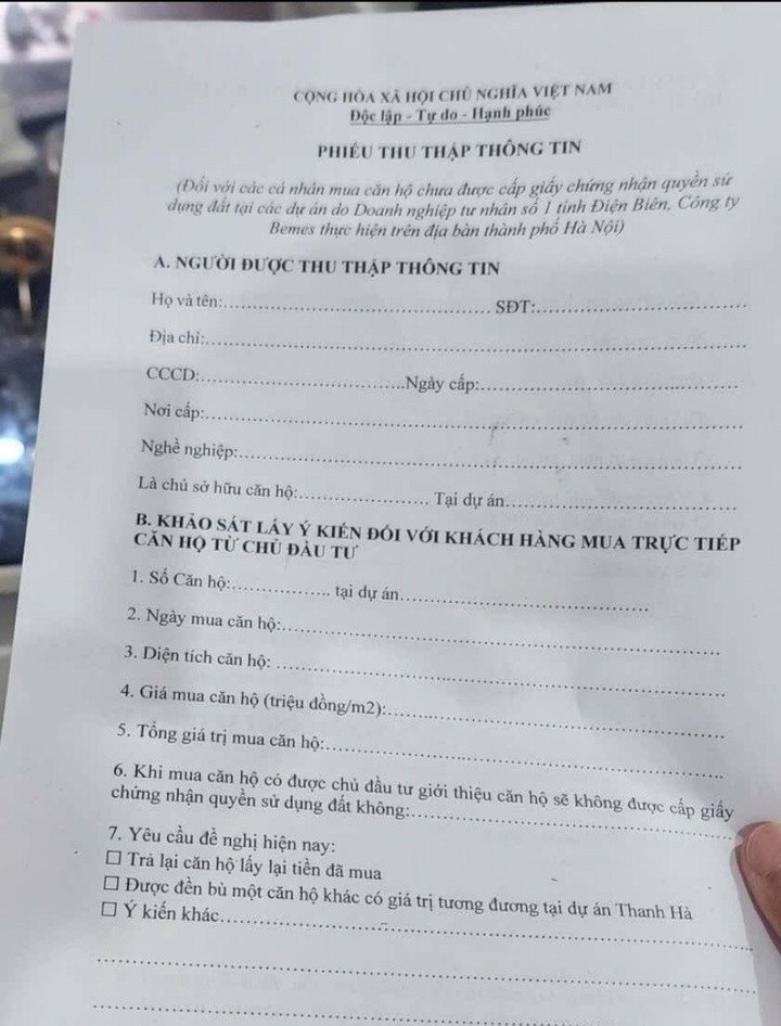 Phiếu khảo sát lấy ý kiến người dân chung cư Linh Đàm.