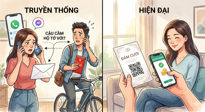 Thay vì cuống cuồng nhờ người đi hộ, khách chỉ cần mừng cưới qua mã QR có sẵn trên thiệp. (Ảnh minh họa: AI)
