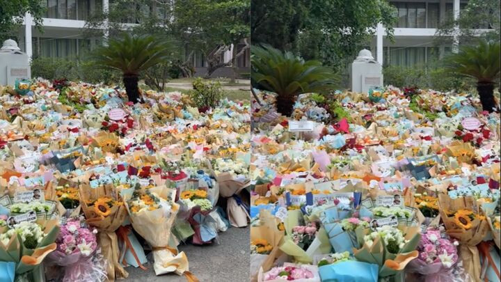 Mỗi dịp lễ tốt nghiệp, tân kỹ sư, cử nhân của trường đều đặt hoa như cách tri ân thế hệ đi trước. (Ảnh chụp màn hình)