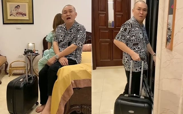 Nghệ sĩ Xuân Hinh ngồi bên vali trong tiểu phẩm hài hước bỏ nhà ra đi