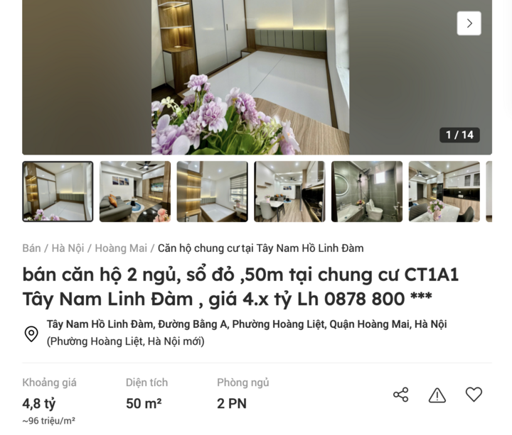Một căn nhà ở xã hội được rao bán với giá 96 triệu đồng/m². (Ảnh chụp màn hình)