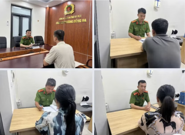 Nhóm người liên quan vụ việc bị mời đến trụ sở công an làm việc.