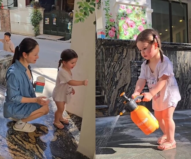 Bé Mia phụ mẹ Lan Phương làm việc
